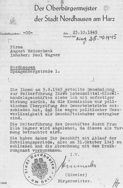 Datei:Hans Himmler, Entziehung Genehmigung für Firma A. Weinschenk, 13.10.1945.jpg